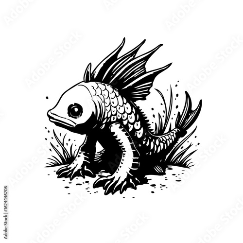 Monochrome illustration depicting an amphibious creature a blend of fish and land animal features art