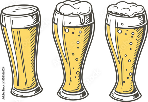 Three tall glasses filled with golden lager beer with frothy white foam on top isolated on white