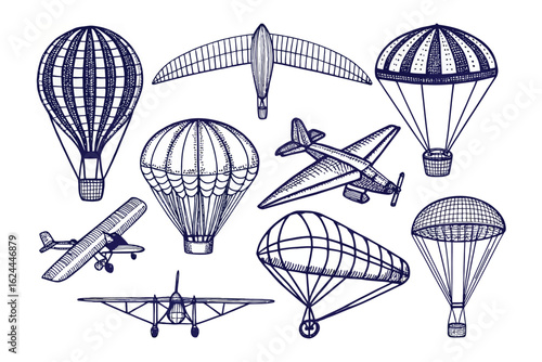 Vintage Aviation Collection: A detailed sketch showcases a collection of classic and antique aircraft, including hot air balloons, gliders, airplanes, and a parachute. 