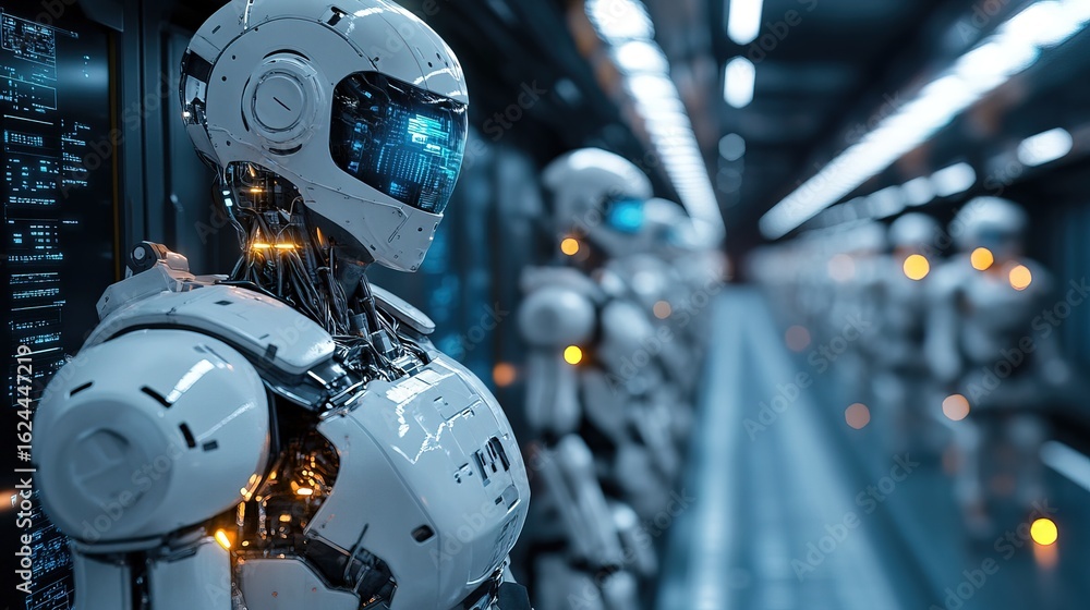 Fototapeta premium Futuristic Metallic Robot Army in a Long Row, Sci-Fi Concept