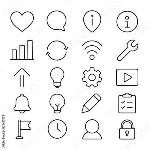A collection of simple line art icons representing core digital symbols for website and app user interface.