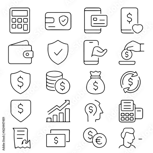 An array of financial icons representing a broad spectrum of monetary themes and technologies, all captured in an illustrative style. 