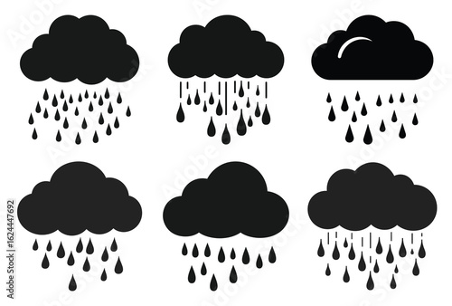 Black and white of six clouds with raindrops on white background