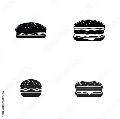 Four black and white burger icons isolated on white background illustration