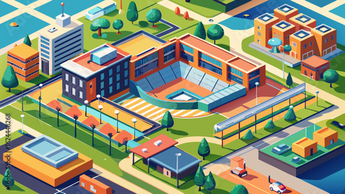 Isometric vector illustration of an urban school complex with sports facilities for design projects
