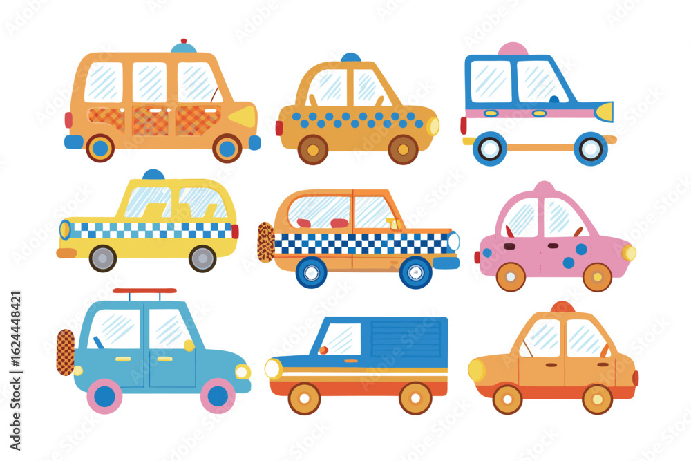 Naklejka premium Colorful Car Collection: A vibrant assortment of toy cars in various designs and hues, perfect for playful children.