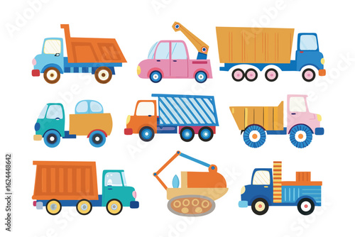 Playful Construction Vehicles Parade: A vibrant collection of playful construction vehicles, including dump trucks, and crane cars, artfully arranged.
