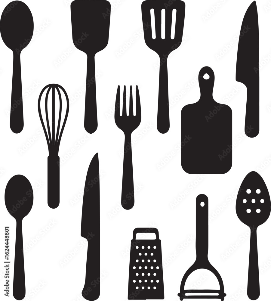 Silver kitchen cutlery set with fork, spoon, and knife isolated on a white background Silver kitchen cutlery set with fork, spoon, and knife isolated on a white background