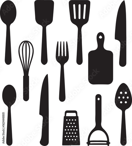 Silver kitchen cutlery set with fork, spoon, and knife isolated on a white background