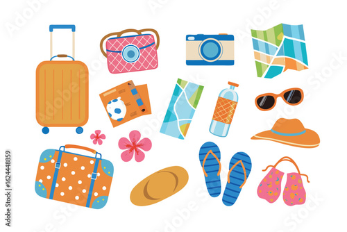 Travel Essentials: A vibrant assortment of vacation essentials, including luggage, a camera, a map, sunglasses, and beach accessories.