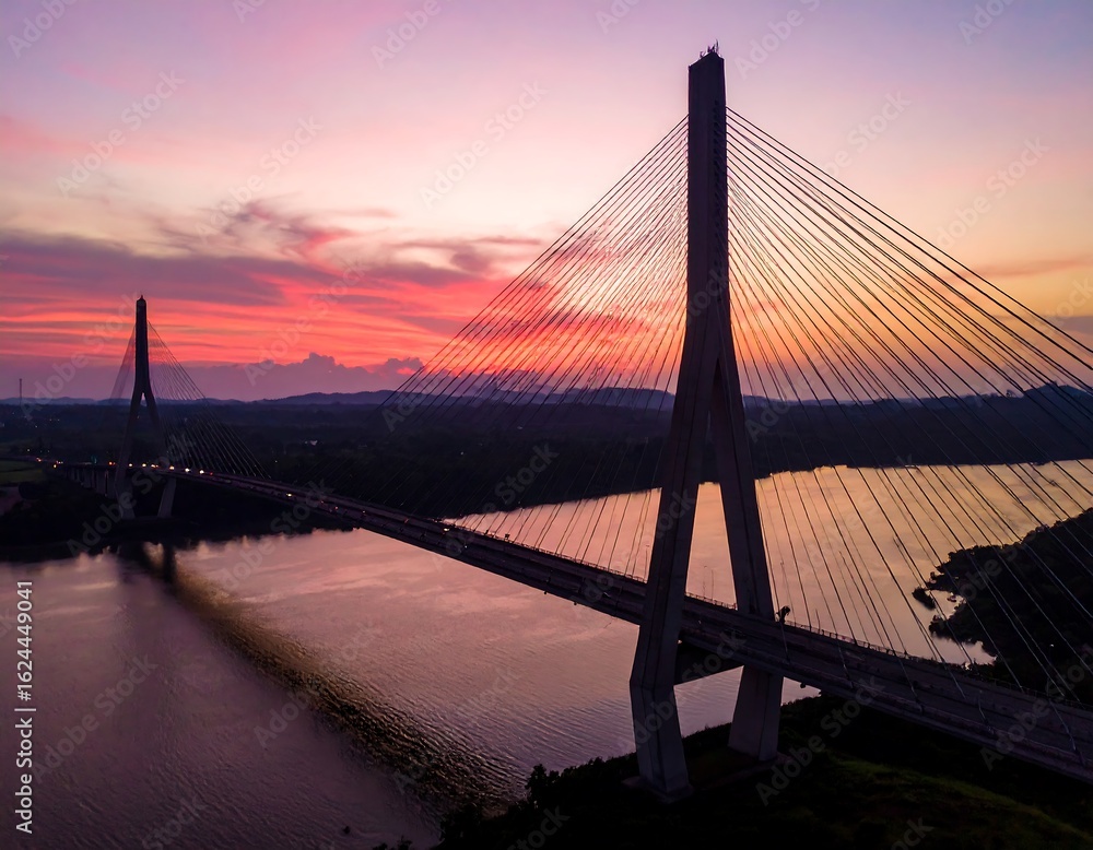 Fototapeta premium Cable-stayed bridge at sunset over water