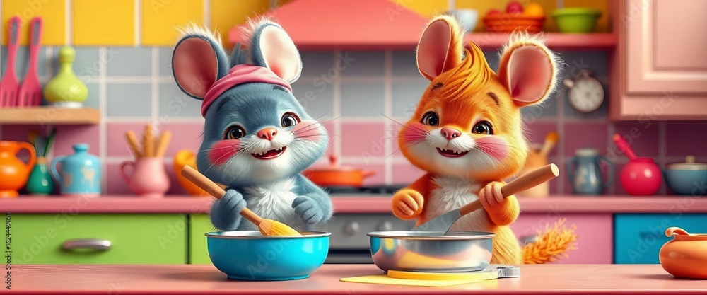 Fototapeta premium Two adorable creatures playfully whisk and stir in a vibrant kitchen, kitchen, ingredients