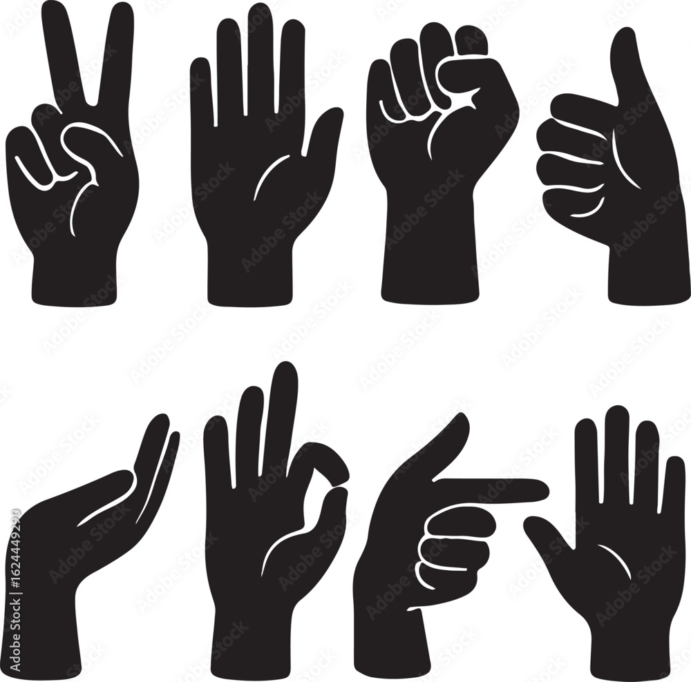 Fototapeta premium Set of hand gestures vector icons, black silhouettes of human hands and fingers