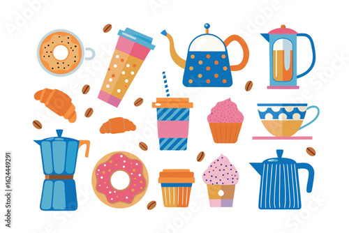 Colorful Delight: A collection of delectable breakfast items and aromatic coffee essentials. Explore the delightful mix of treats and brews.
