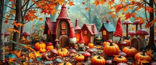 Whimsical gnome village nestled amongst autumn leaves, mushrooms, and pumpkins  Festive autumnal scene,  festive,  background