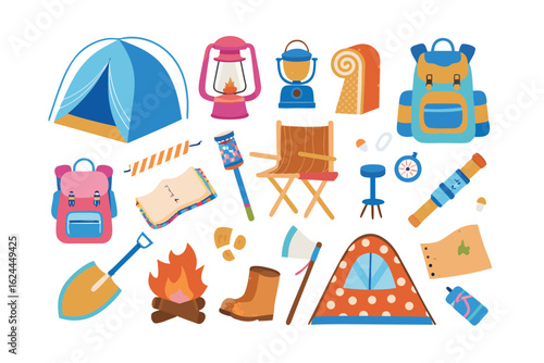 Camping Equipment: A vibrant and captivating flat illustration showcases a colorful array of essential camping equipment, ready for outdoor adventures.