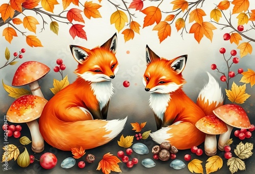 Fototapeta Naklejka Na Ścianę i Meble -  Whimsical watercolor painting of charming foxes among autumn leaves, mushrooms, and berries,  october,  berries