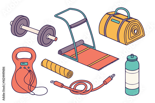 Fitness Equipment: A collection of fitness equipment, including dumbbells, kettlebell, yoga mat, a sports bag, and a jump rope
