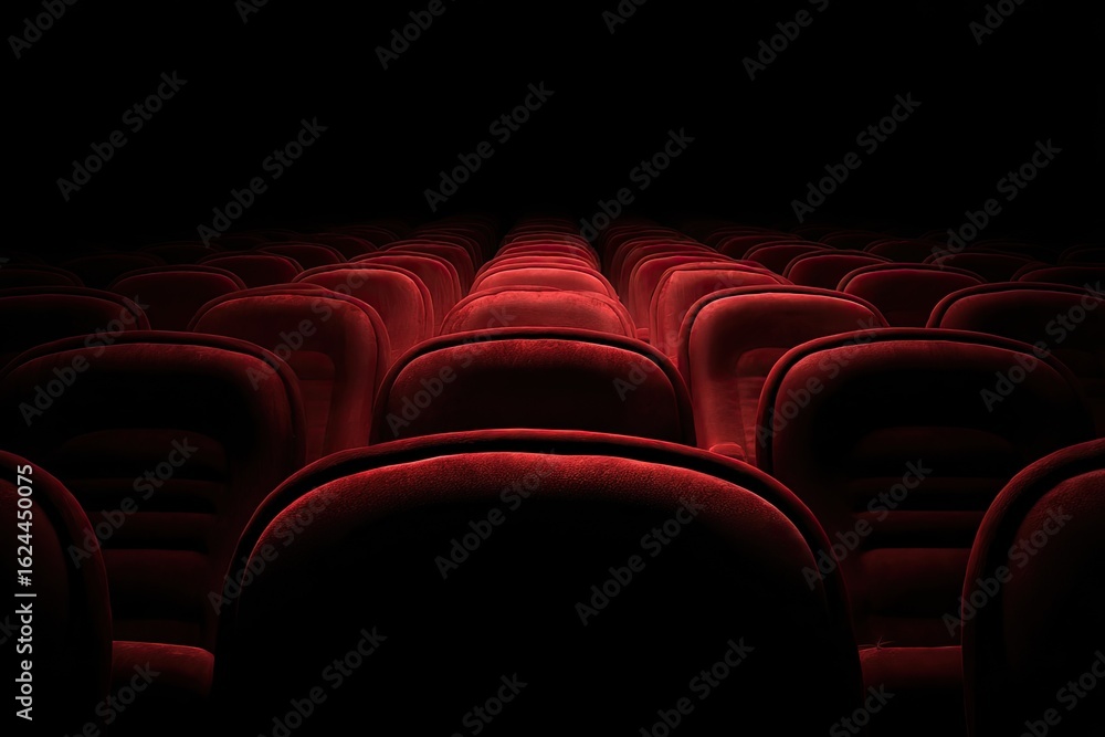 Fototapeta premium Empty red velvet cinema seats in a dark auditorium