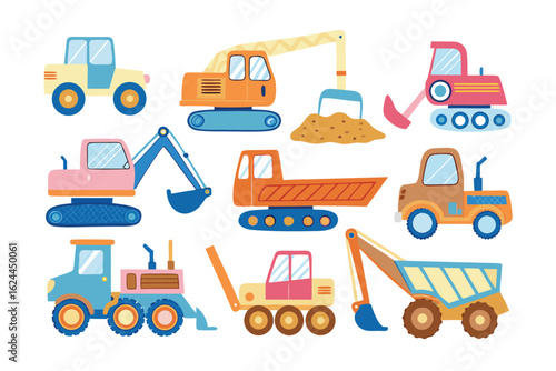 Construction Vehicles Array: A vibrant array of construction vehicles, each meticulously rendered in a flat illustration style, stands ready to build and create.