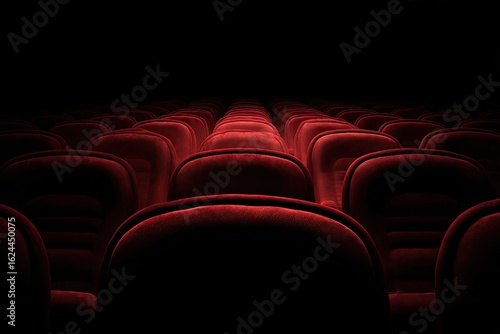 Empty red velvet cinema seats in a dark auditorium