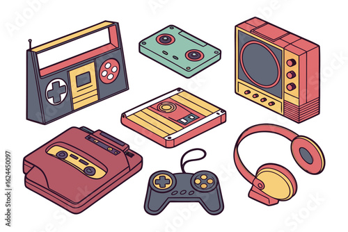 Nostalgic Retro Gadgets: A collection of vintage devices, evoking a sense of retro charm and the past, is laid out in a cartoonish manner, and are still used for listening music and playing games