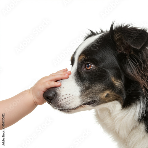 Baby's Gentle Touch: Innocent Bond with Border Collie on White Background.