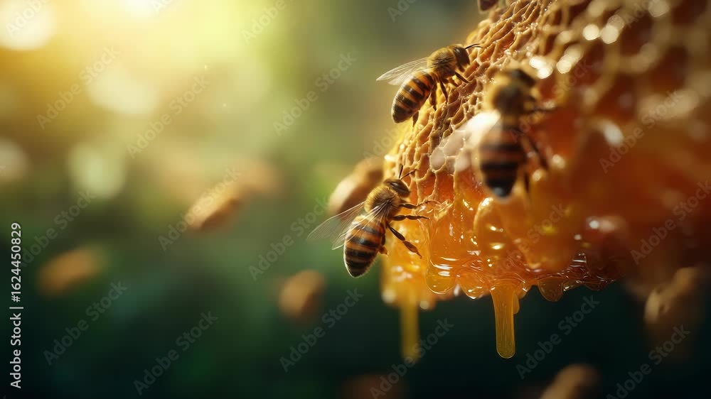 Close-up of Honeybees on a Honeycomb with Dripping Honey in a Warm, Sunny Environment