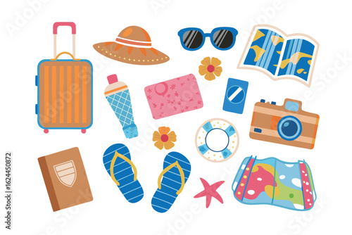 Summer Vacation Essentials: A collection of essential items for a perfect summer getaway, including a suitcase, sunglasses, camera, and more, inviting viewers to dream of adventure.