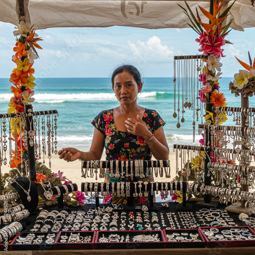 Balinese Artisan Showcasing Silver Jewelry at Beach Market Stall. Business Opportunity.