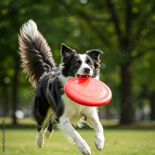 Border Collie leaps for Frisbee in sunny park, POV shot, isolated on white.