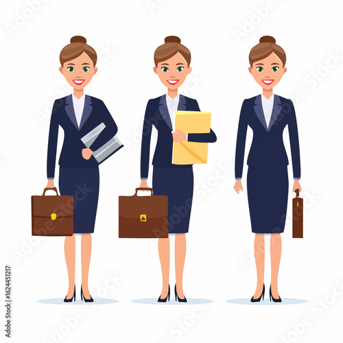 Professional businesswoman character in a formal suit. A female lawyer or manager in different poses with a briefcase and legal documents.