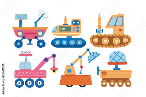 Futuristic Fleet: Collection of illustrations depicting diverse, stylized space rovers in vibrant colors, ready to explore the cosmos.