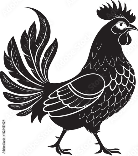 Black rooster with ornate tail feathers white illustration
