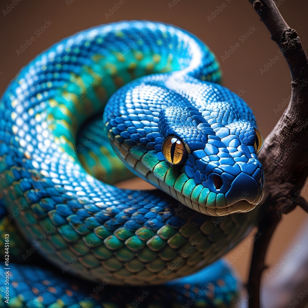 Fototapeta premium Close up of a green python snake showing detailed scales and eye in nature