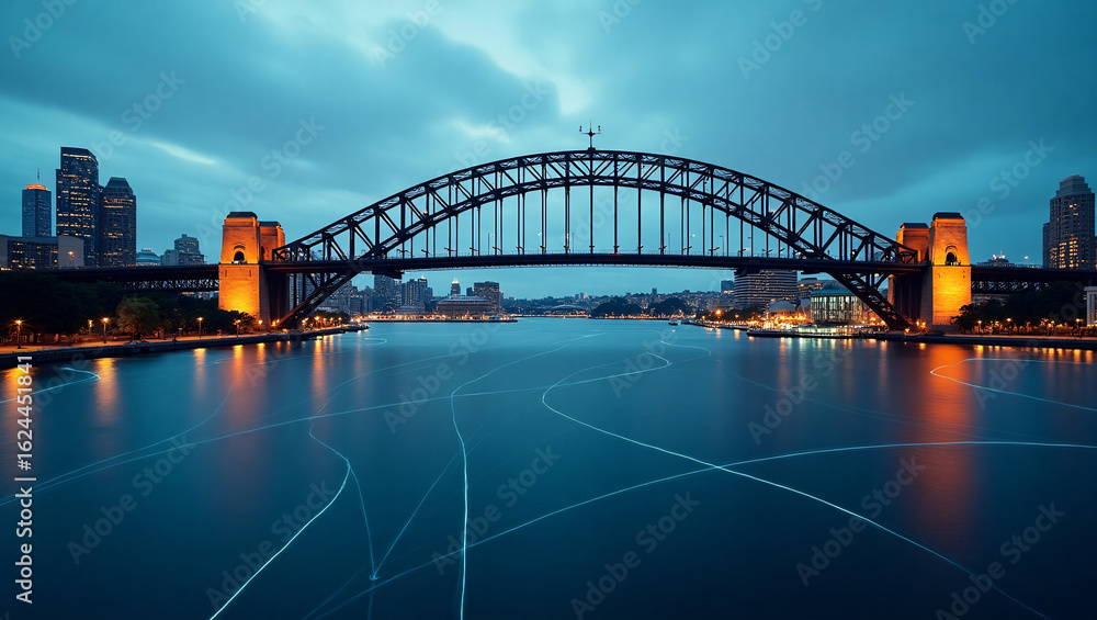 Fototapeta premium The Sydney Harbour Bridge at dusk, with city lights twinkling, reflecting on the water, under a cloudy sky.