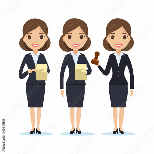 Vector character set of a professional Black businessman or notary public in a suit, shown in different poses holding legal documents.