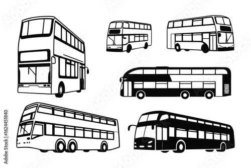 Double Decker Bus Silhouette Set:  A comprehensive collection of stylish bus silhouettes capturing the iconic double-decker design, perfect for transport and travel-themed projects.