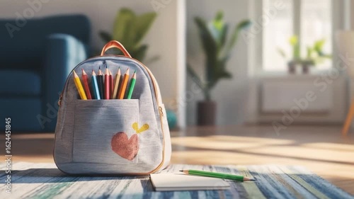 Backpack with pencils on rug indoors