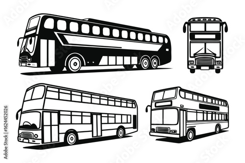 Urban Transit Silhouette: A stark illustration showcases a double-decker bus in multiple perspectives, with precise line work and a sleek design, ideal for transport and urban themes.