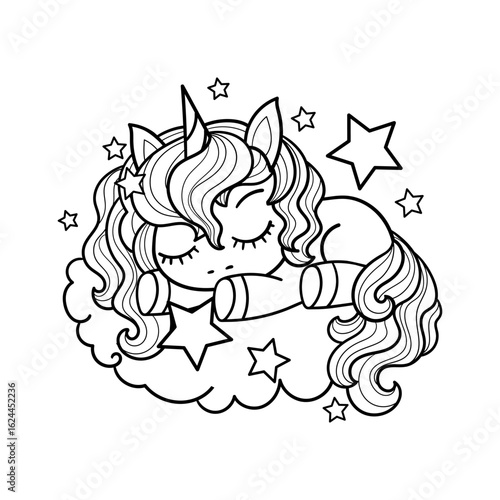 Cute little unicorn sleeping on a cloud. Black and white linear drawing. Isolated on white background. For coloring book design, prints, posters, cards, stickers, etc. Vector illustration