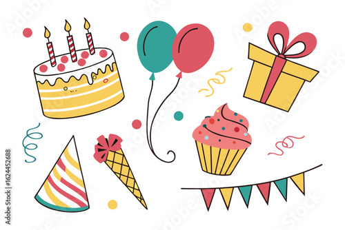 Celebratory Items Array: A cheerful arrangement of birthday party essentials, a colorful ensemble, ready to enhance your festive occasion.