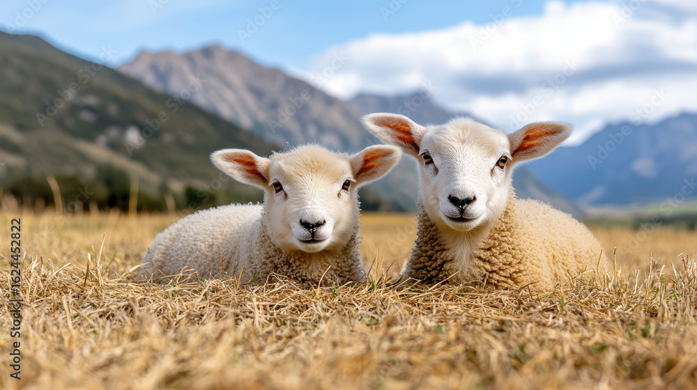 Obraz premium Fluffy lambs resting in golden meadow with mountains in background, exuding tranquility