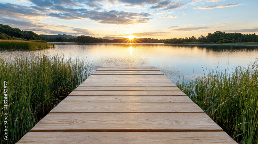Naklejka premium Serene wooden boardwalk extends over tranquil lake, surrounded by lush greenery, as sun sets