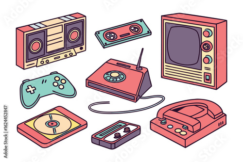 Nostalgic Retro Collection: A vibrant illustration showcases a curated collection of retro technology items. Vivid colors and minimalist lines evoke a sense of nostalgia and charm