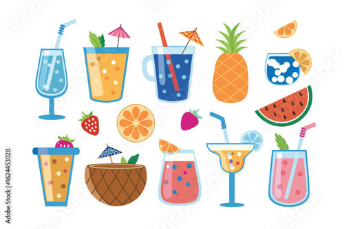 Tropical Drinks: A collection of vibrantly colored beverages, each garnished with fresh fruit and decorative umbrellas, evokes the refreshing flavors of summer.