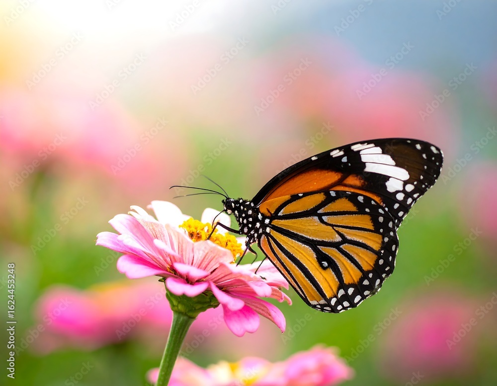 Fototapeta premium Captivating monarch butterfly gracefully perched on a vibrant pink flower bloom