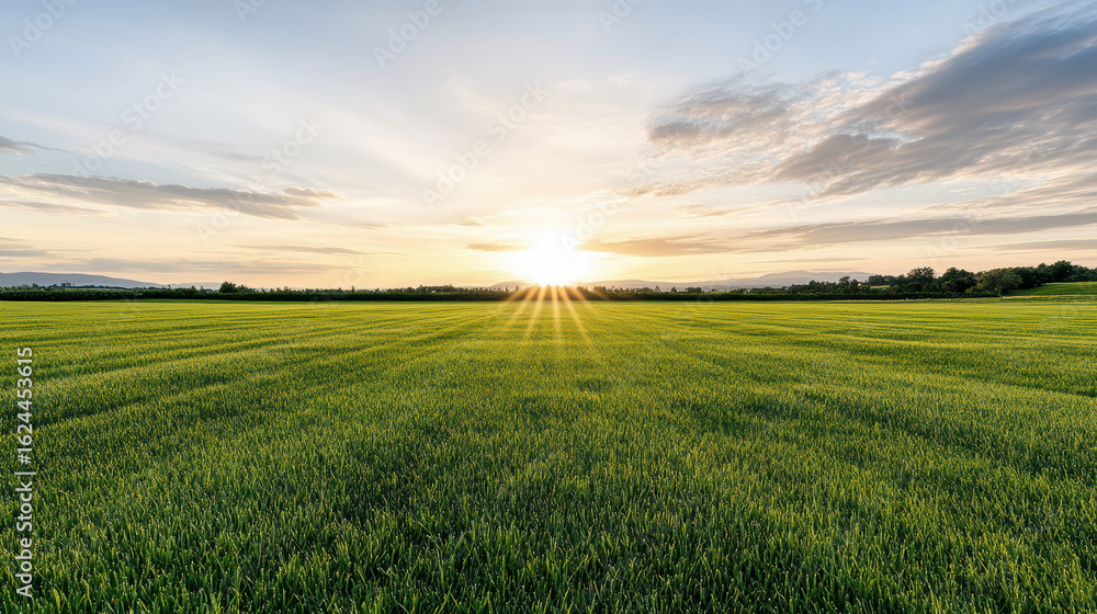 Vibrant green field under stunning sunset, showcasing nature beauty and tranquility Vibrant green field under stunning sunset, showcasing nature beauty and tranquility