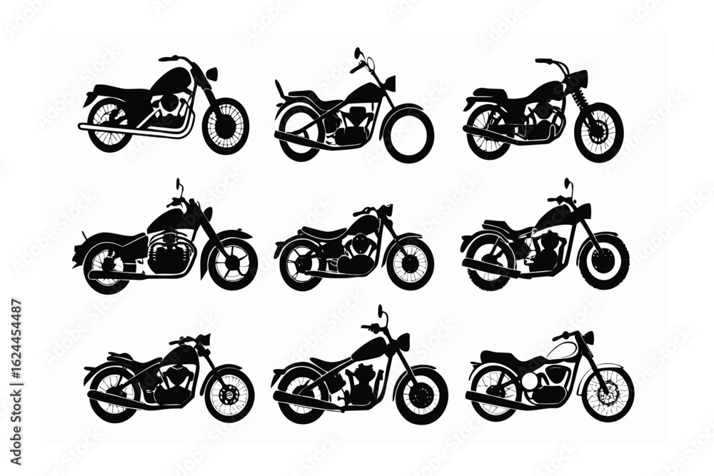 Obraz premium Motorcycle Collection: A collection of motorcycle silhouettes, offering a variety of styles and designs, perfect for any project related to transportation and motorcycling culture.