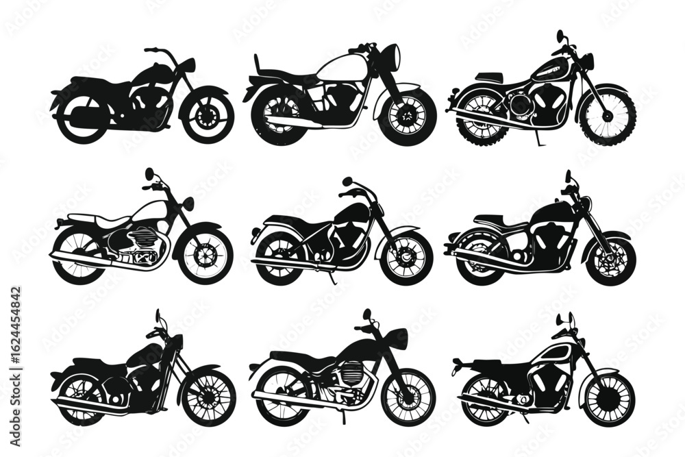 Obraz premium Classic Motorcycle Collection Silhouette: A curated assembly of meticulously designed vintage motorcycles is artfully presented, capturing the essence of each unique model in striking silhouette.